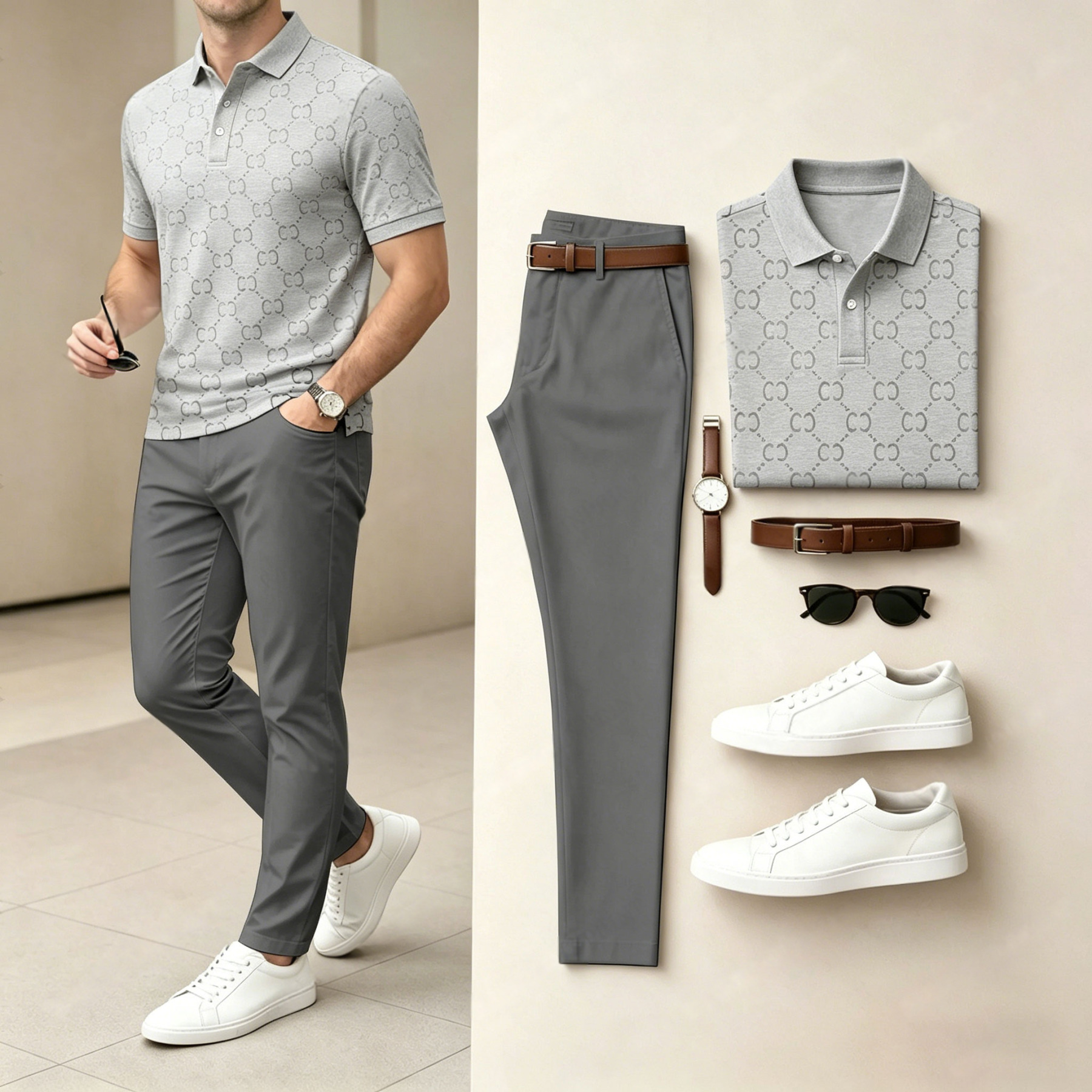 Men's Casual Gray Plaid Printed Polo Shirt And Pants Two-Piece Set