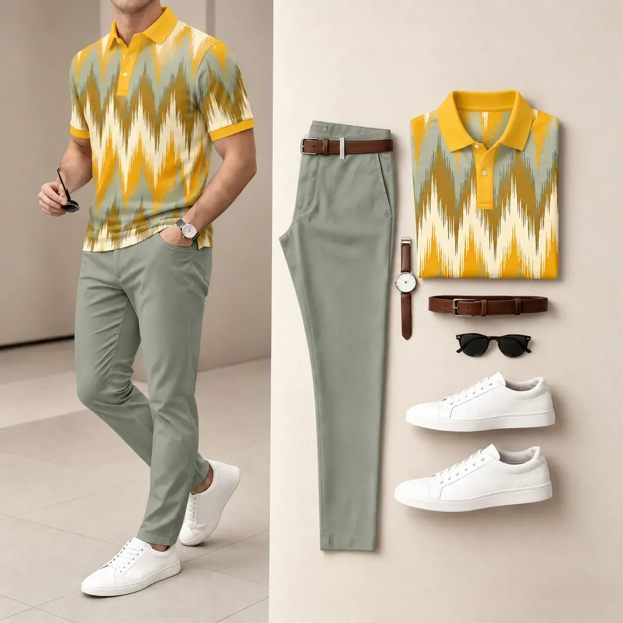 Men's Printed Short-Sleeve Polo Shirt and Pants Set