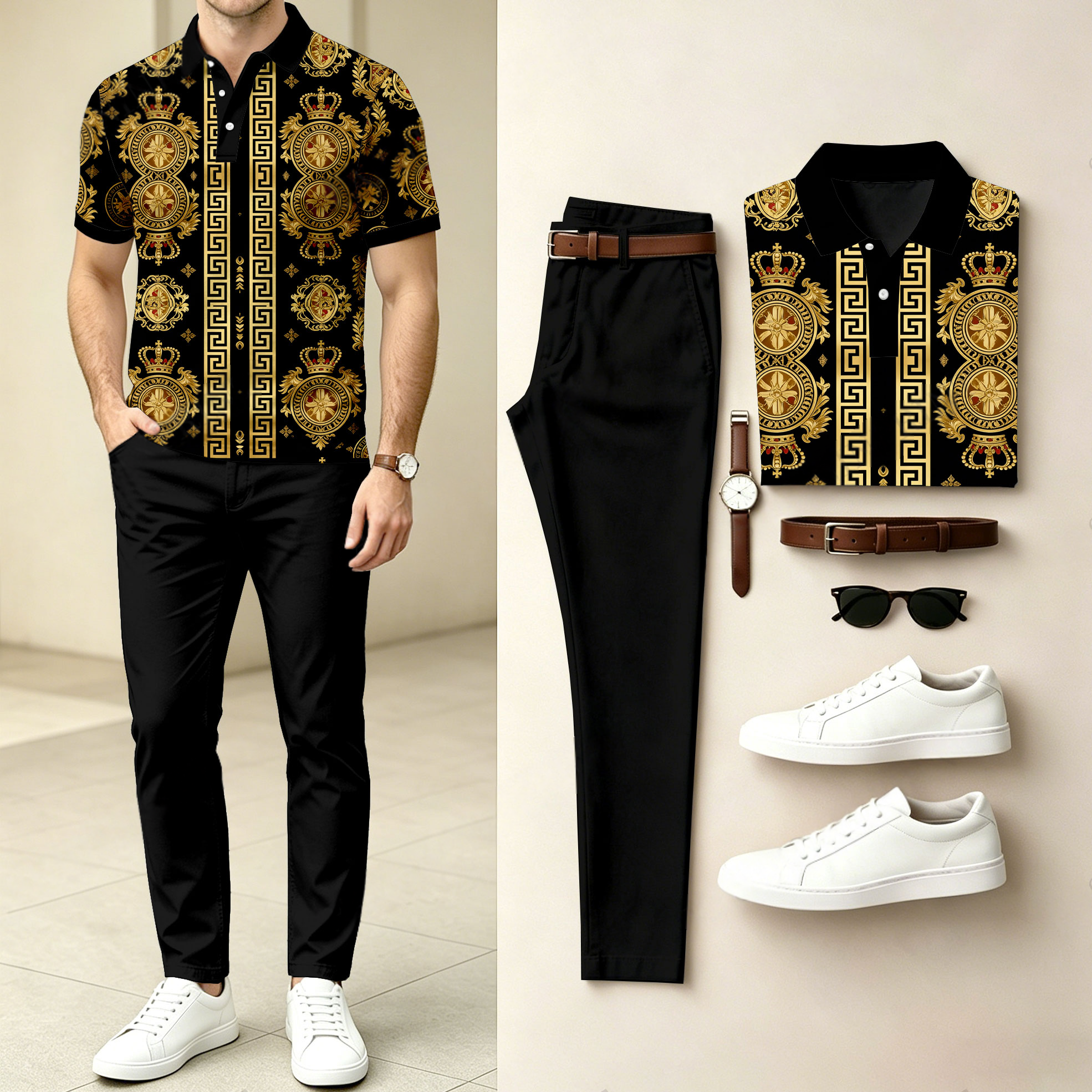Men's Casual Black And Gold Crown-Print Short-Sleeve Polo Shirt And Pants Set (Excludes Accessories Such As Watches And Belts)