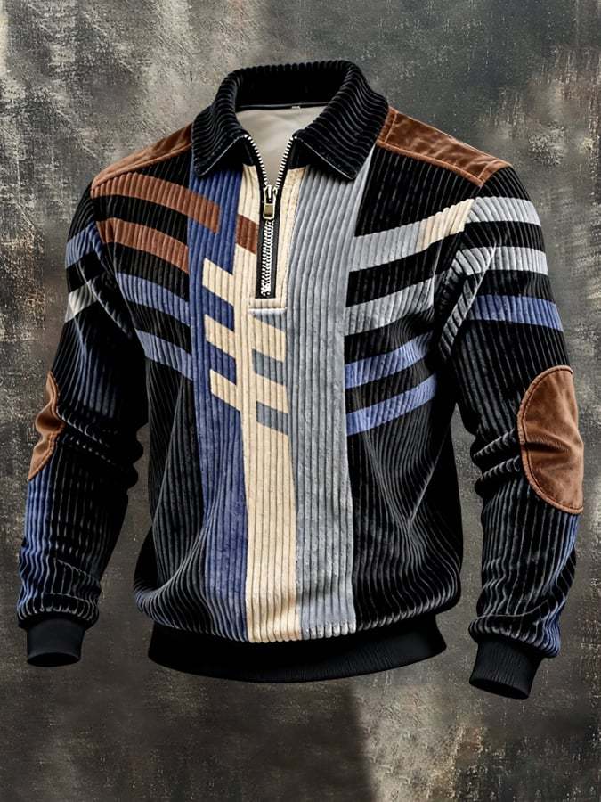 Men's Retro Color Block Print Color-Blocked Zip-Up Sweatshirt