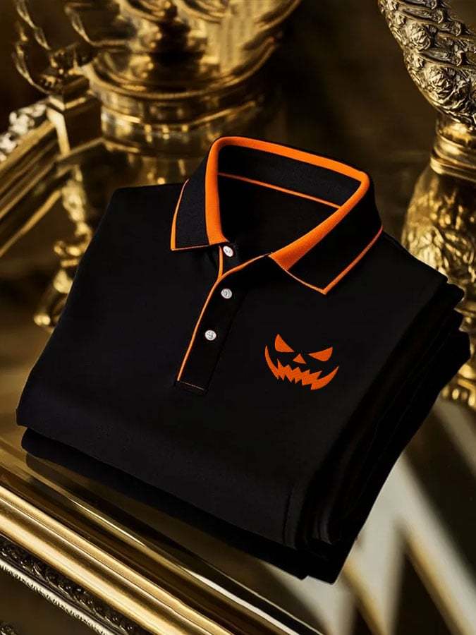 Men's Halloween Pumpkin Face Contrast Color Casual Print Polo Shirt