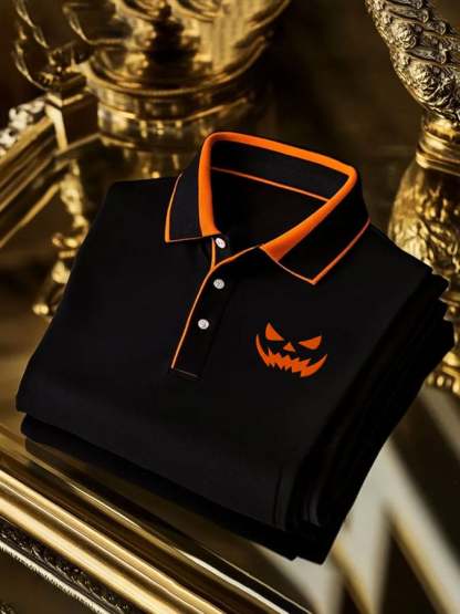 Men's Halloween Pumpkin Face Contrast Color Casual Print Polo Shirt