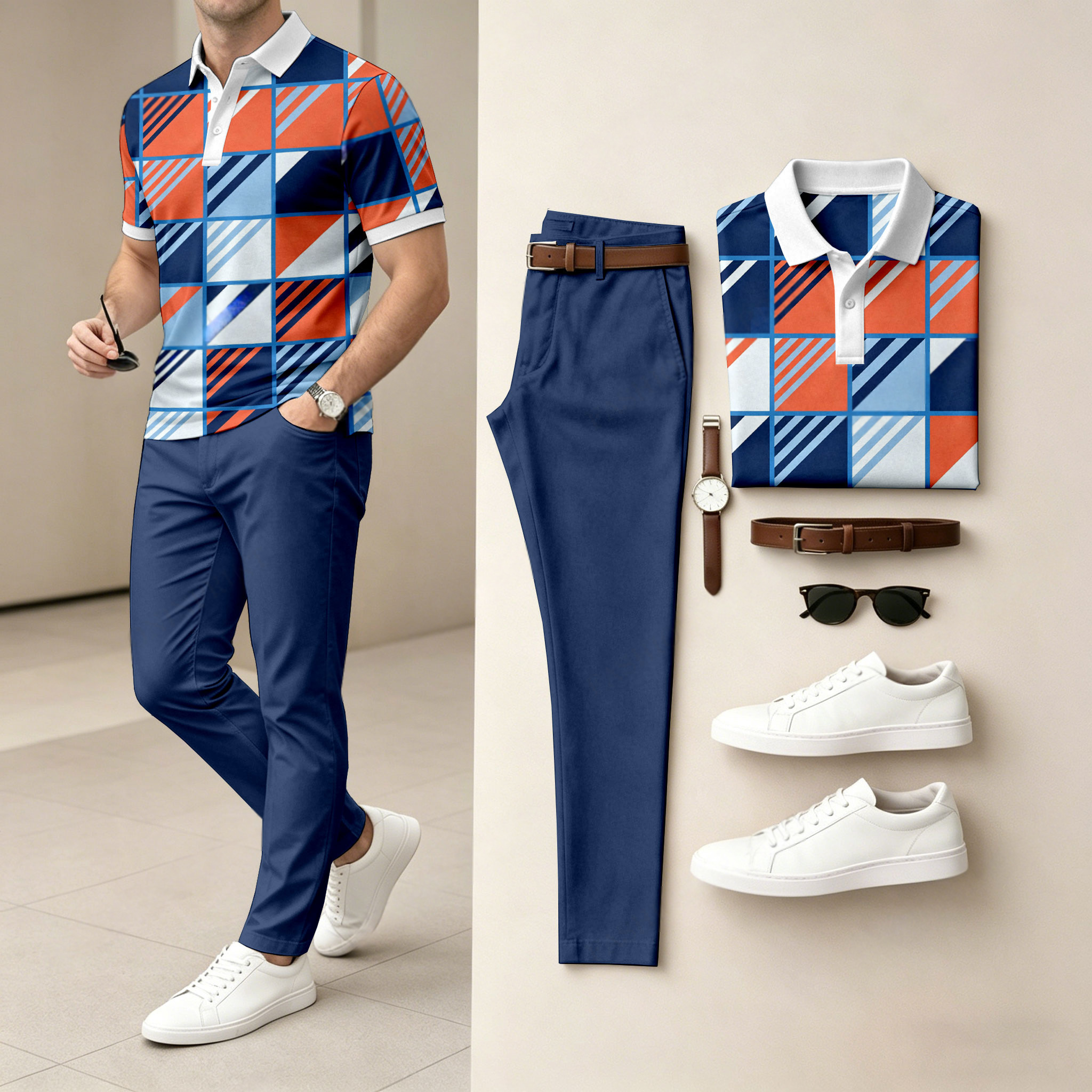 Men's Casual Colorful Plaid Printed Polo Shirt And Pants Two-Piece Set