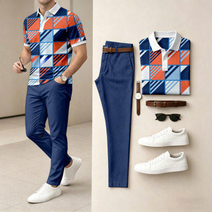 Men's Casual Colorful Plaid Printed Polo Shirt And Pants Two-Piece Set