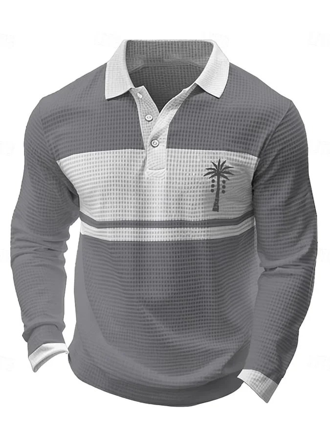 Men's Business Casual Contrast Color Coconut Tree Print Waffle Polo