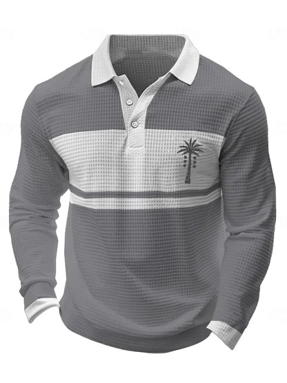 Men's Business Casual Contrast Color Coconut Tree Print Waffle Polo