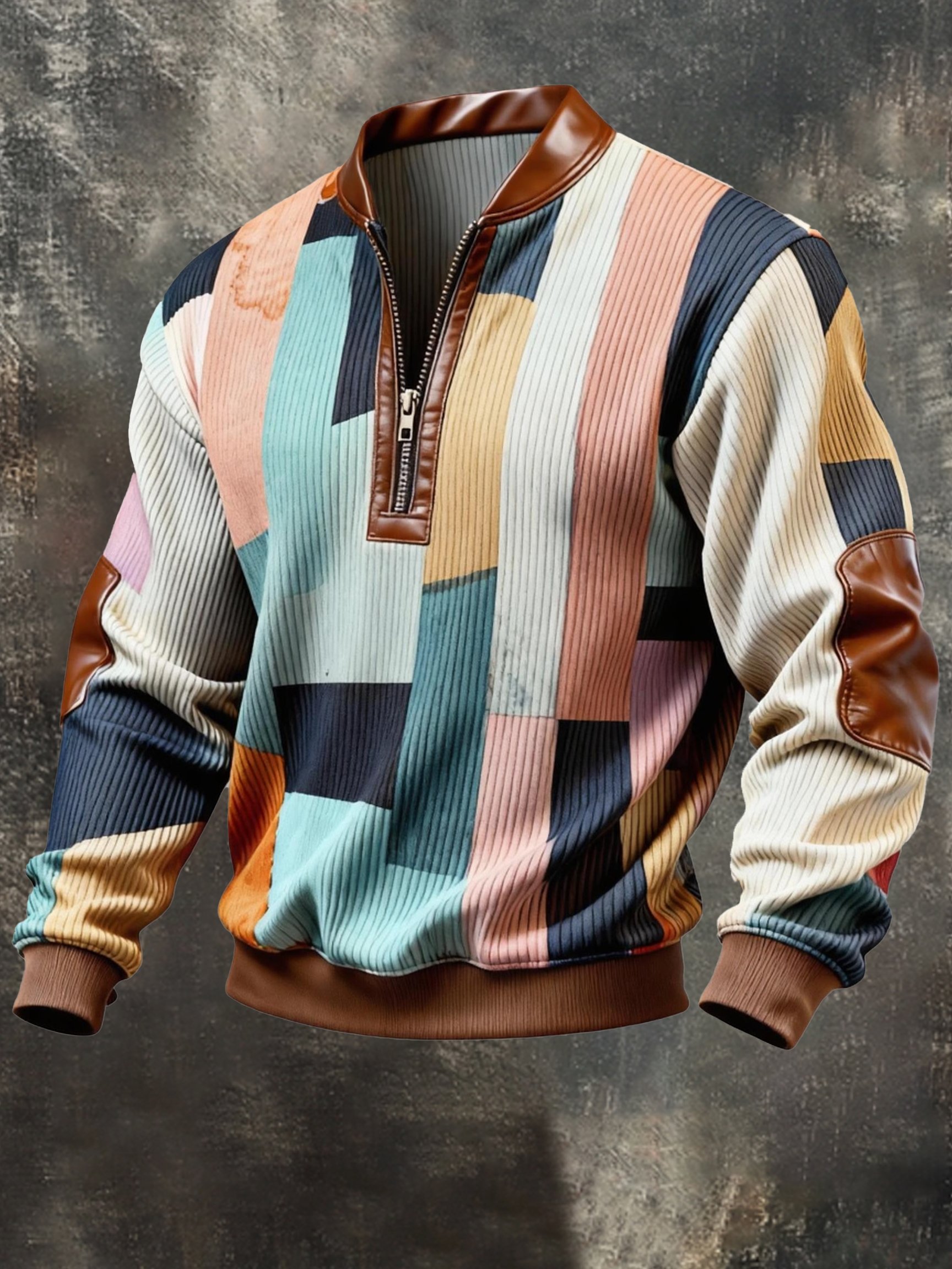 Men's Vintage Color-Block Printed Zip-Up Hoodie