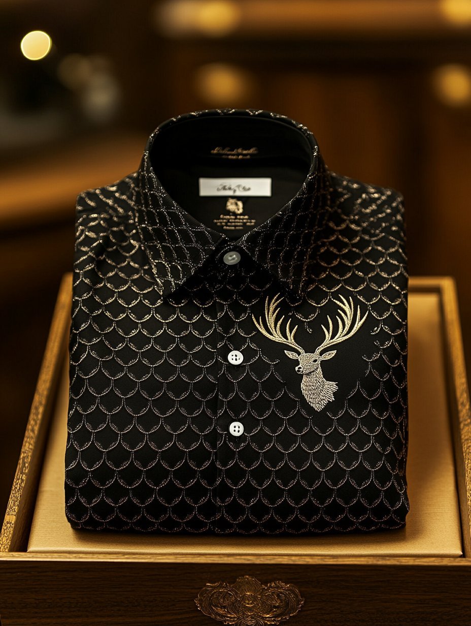 Men's Business Christmas Elk Logo Textured Print Long Sleeve Shirt