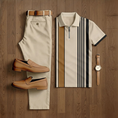 Men's Casual Apricot Color Matching Striped Printed Short Sleeved Polo Shirt & Trousers Two-Piece Set