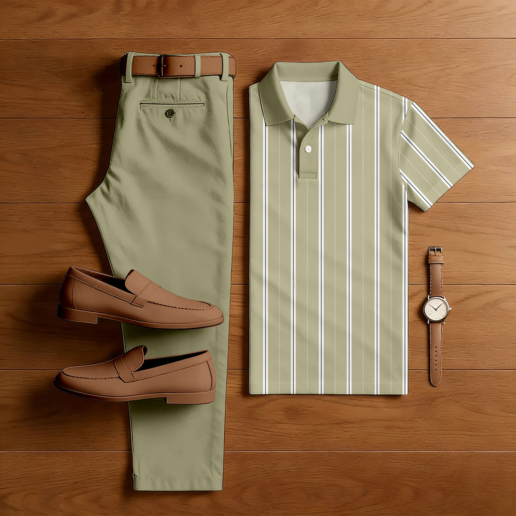 Men's Casual Khaki & White Color Matching Striped Printed Short Sleeved Polo Shirt & Trousers Two-Piece Set