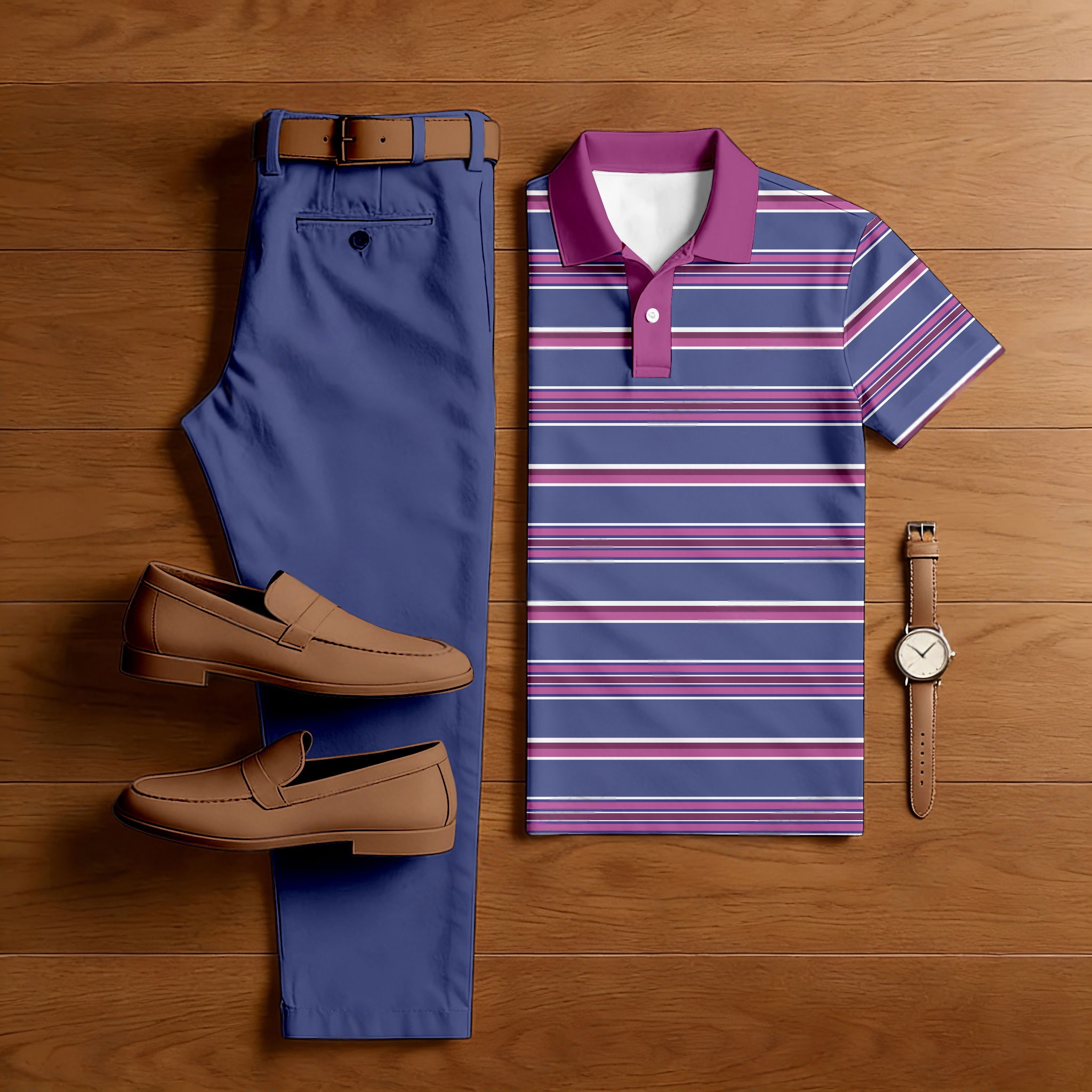 Men's Casual Purple & Navy Blue Color Matching Striped Printed Short Sleeved Polo Shirt & Trousers Two-Piece Set
