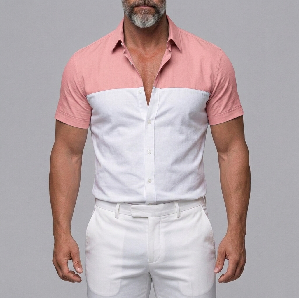 Men's Casual Colorblock Single Breasted Slim Fit Short Sleeve Shirt