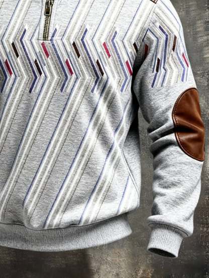 Men's Retro Color Block Print Color-Blocked Zip-Up Sweatshirt