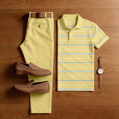Men's Casual Beige Stripes Printed Polo Shirt And Pants Two-Piece Set