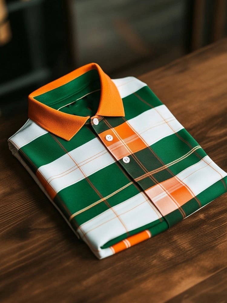 Men's Business Casual Orange Green Plaid Logo Button Short Sleeve Polo Shirt