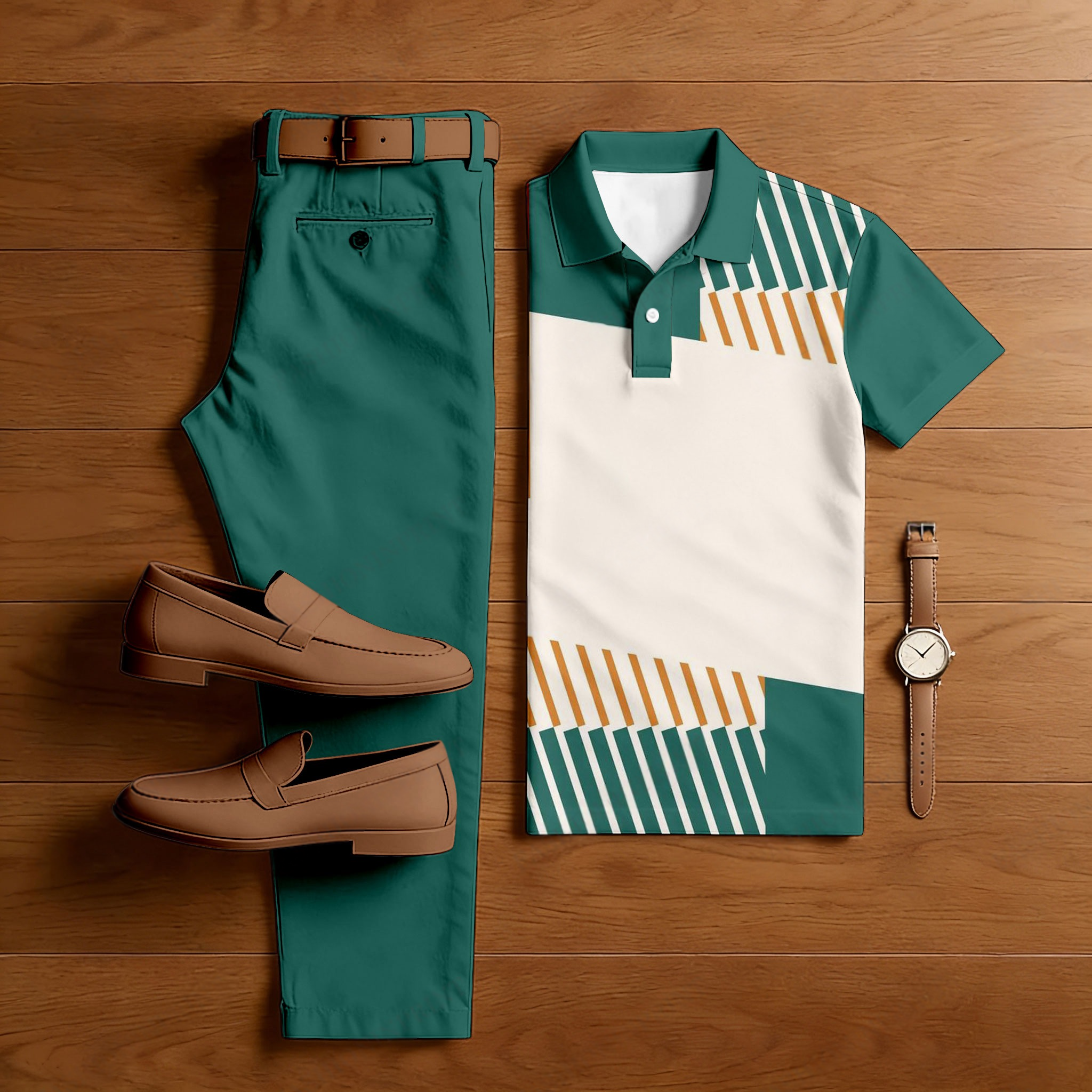 Men's Casual Green & Apricot Color Matching Geometric Printed Short Sleeved Polo Shirt & Trousers Two-Piece Set