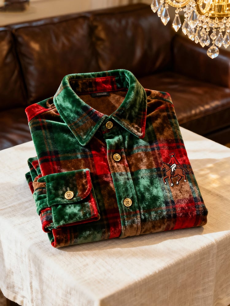 Men's Velvet Logo Casual Plaid Long Sleeve Shirt