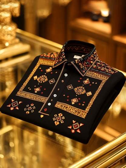 Men's Retro Business Stripe Print Long Sleeve Polo Shirt