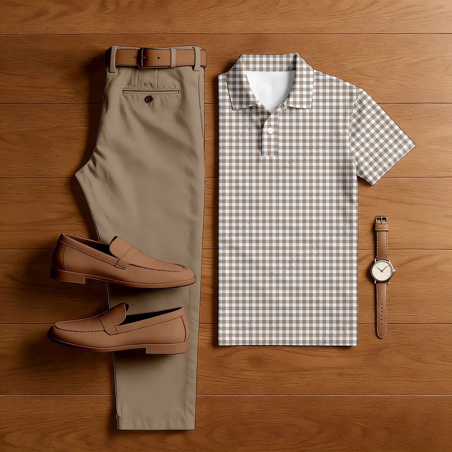 Men's Casual Brown & White Color Matching Checkered Printed Short Sleeved Polo Shirt & Trousers Two-Piece Set