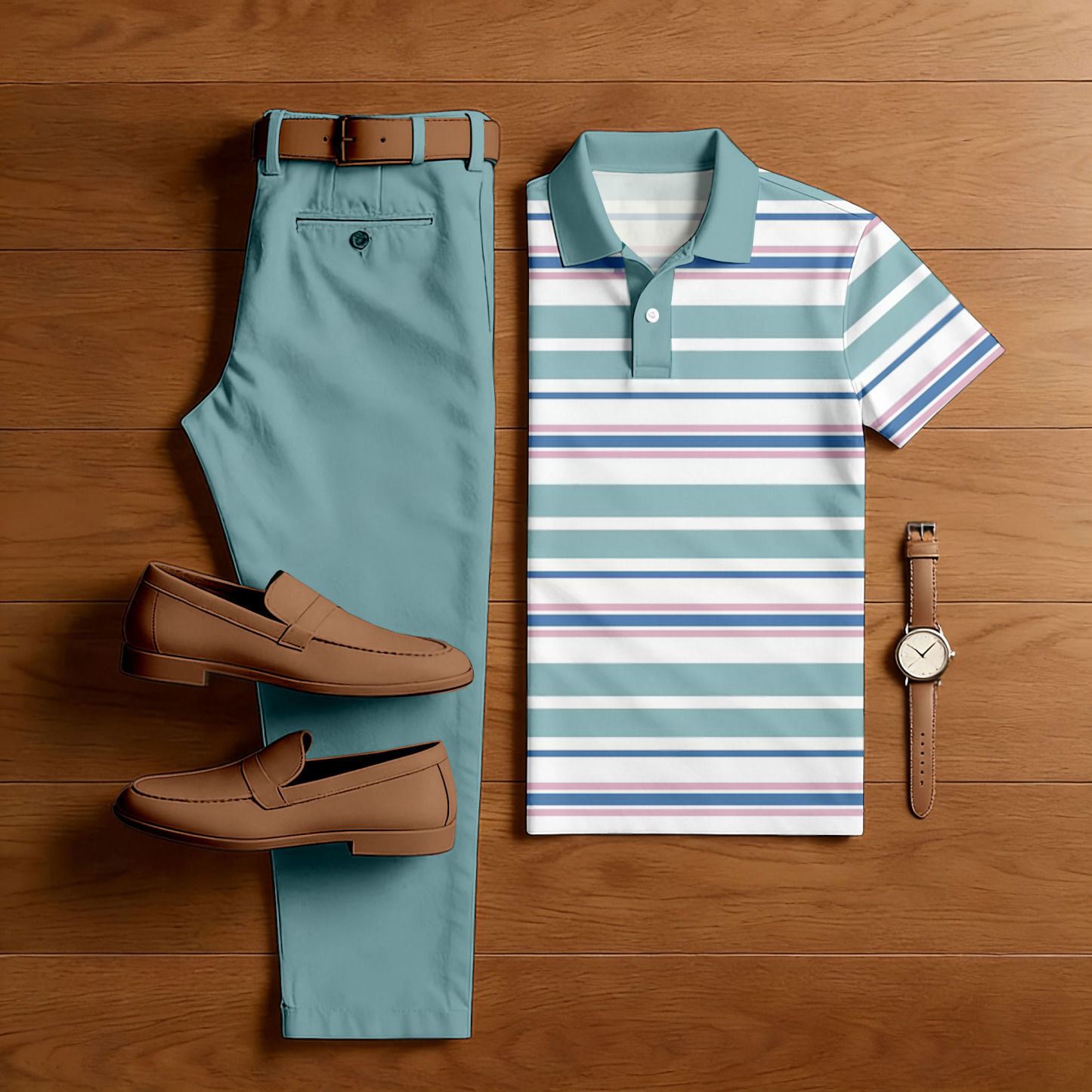 Men's Casual Green Stripes Printed Polo Shirt And Pants Two-Piece Set