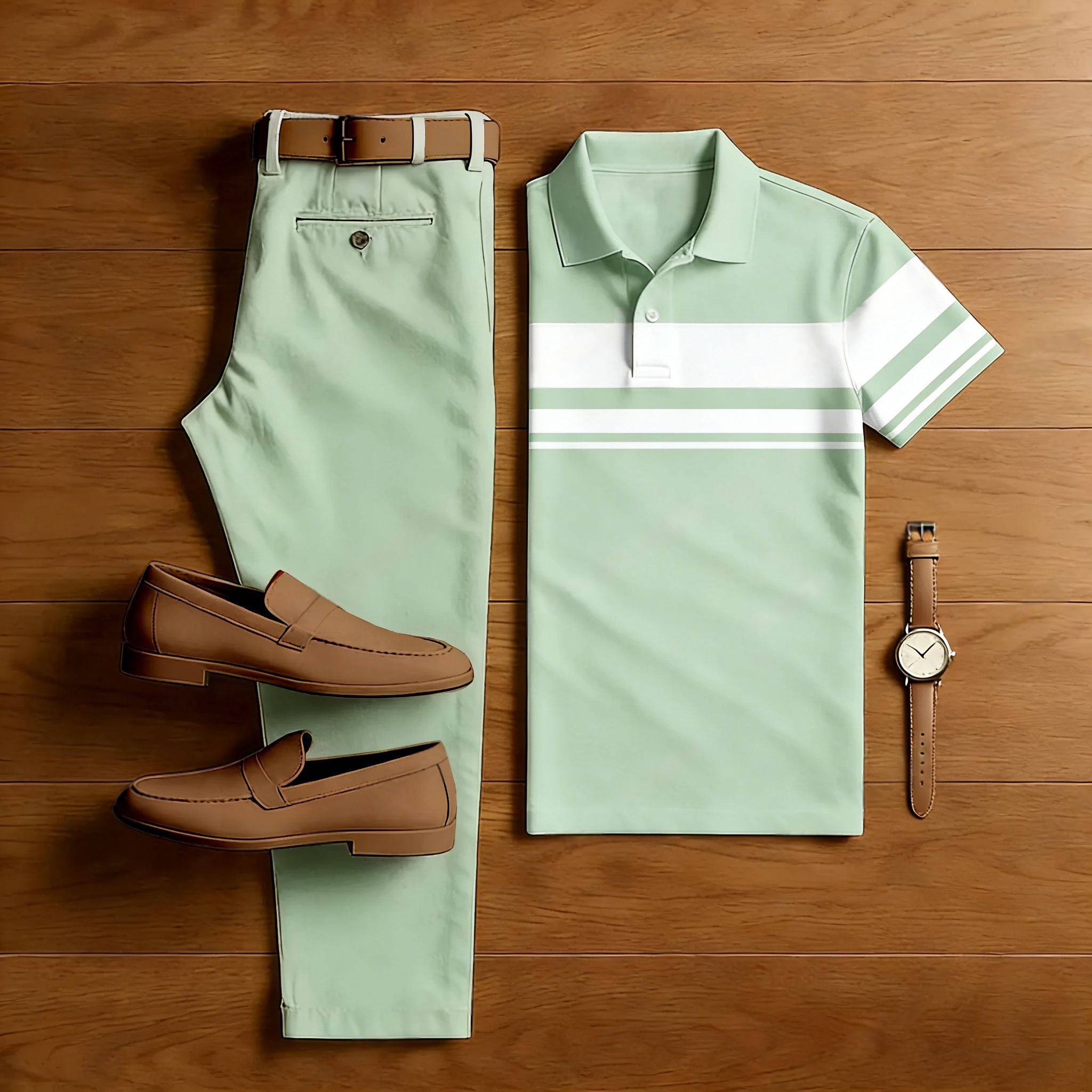 Men's Casual Light Green Printed Polo Shirt And Trousers Two-Piece Set