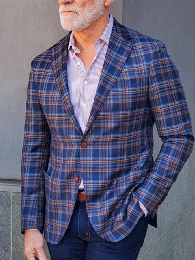 Men's Fashion Casual Two Button Large Pocket Plaid Blazer