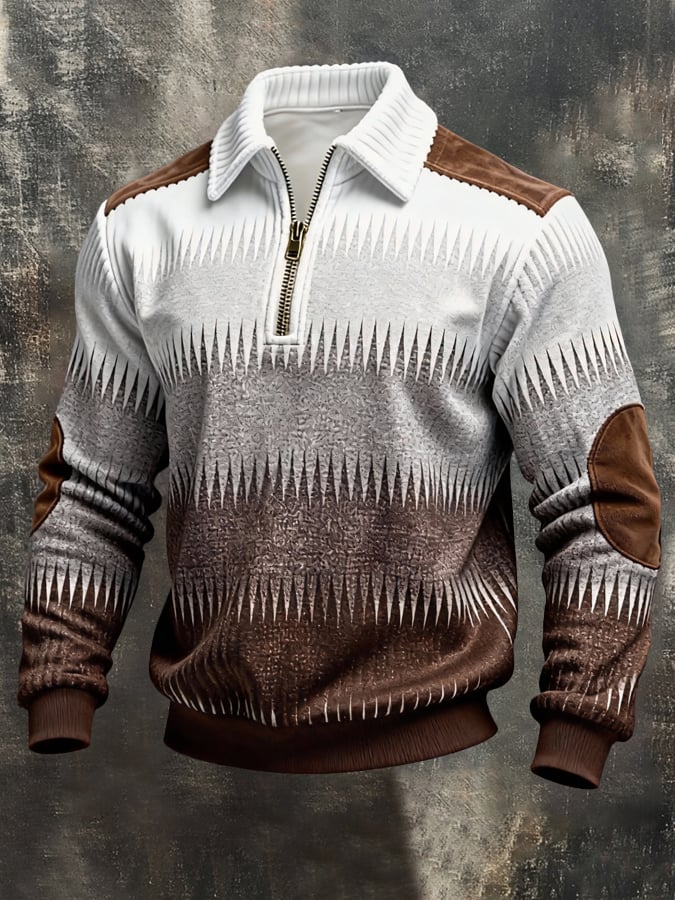 Men's Retro Color Block Print Color-Blocked Zip-Up Sweatshirt