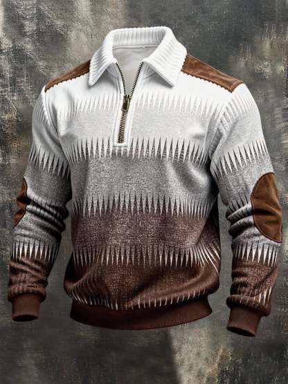 Men's Retro Color Block Print Color-Blocked Zip-Up Sweatshirt