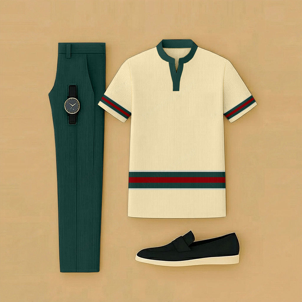 Men's Casual Yellow & Green Color Matching Short Sleeved Henry Collar T-Shirt & Trousers Two-Piece Set