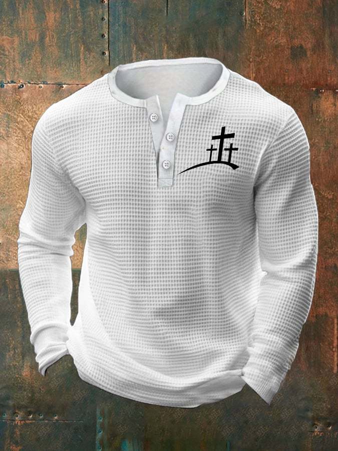 Men's Faith Cross Print Henley Collar Shirt