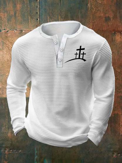 Men's Faith Cross Print Henley Collar Shirt