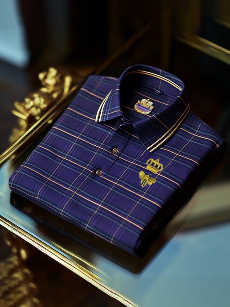 Men's Classic Business Check Button Short Sleeve Polo Shirt