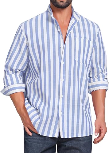 Stand Collar Button Down Striped Dress Shirt