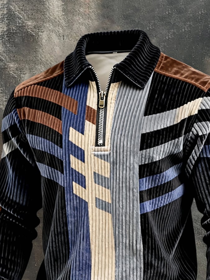 Men's Retro Color Block Print Color-Blocked Zip-Up Sweatshirt