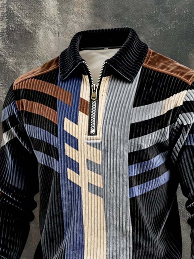 Men's Retro Color Block Print Color-Blocked Zip-Up Sweatshirt