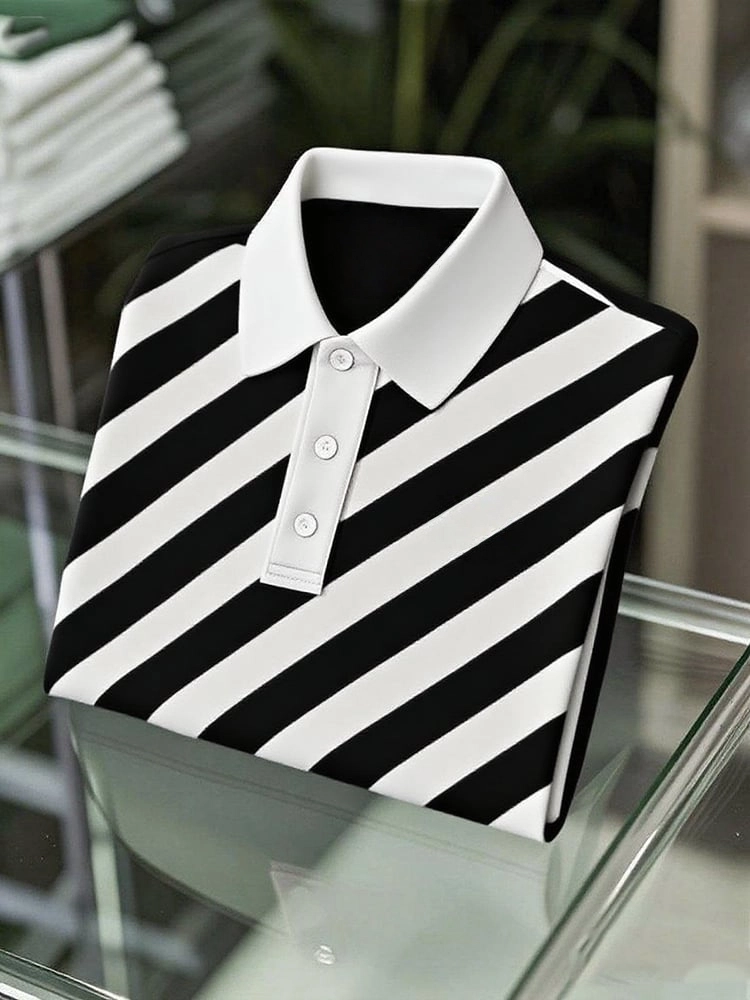Men's Business Casual Striped Button Short Sleeve Polo Shirt