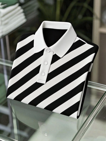 Men's Business Casual Striped Button Short Sleeve Polo Shirt