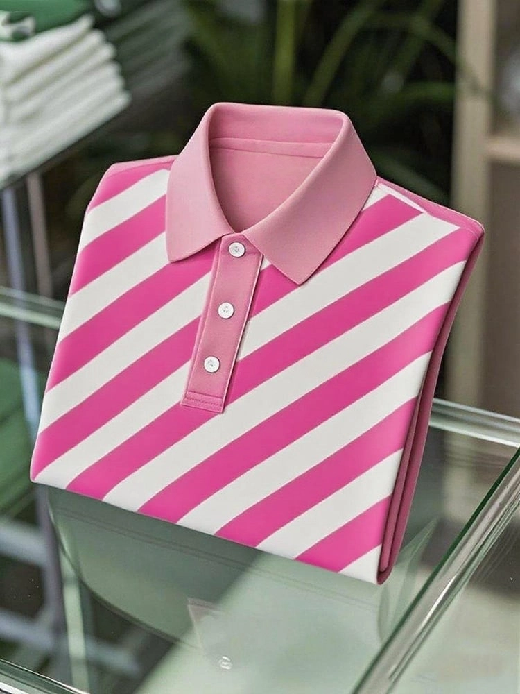 Men's Business Casual Striped Button Short Sleeve Polo Shirt