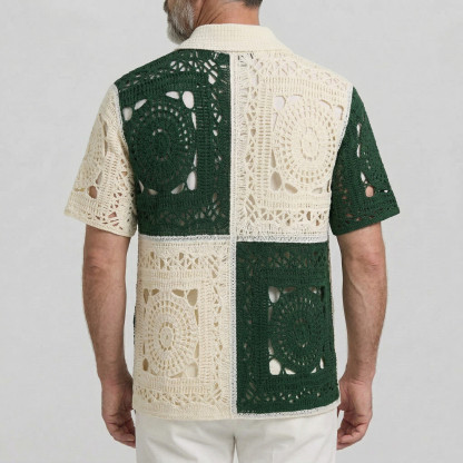 Men's Fashion Colorblock Crochet Knit Hollow Out Short Sleeve Cardigan