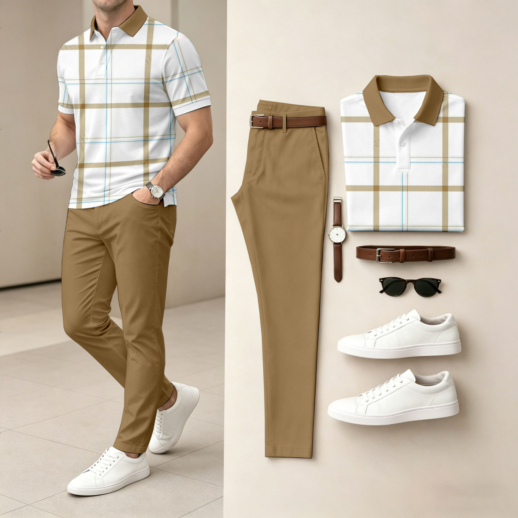 Men's Casual White Checkered Printed Polo Shirt And Pants Two-Piece Set