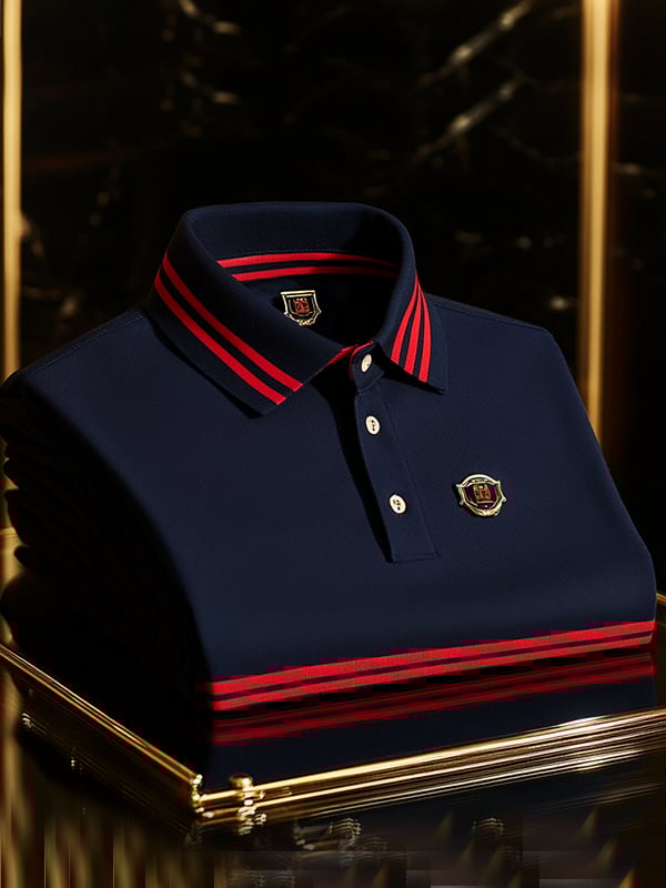 Men's Retro Business Stripe Print Long Sleeve Polo Shirt