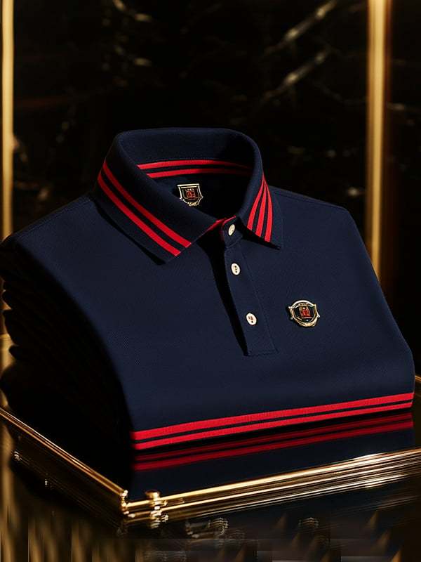 Men's Retro Business Stripe Print Long Sleeve Polo Shirt
