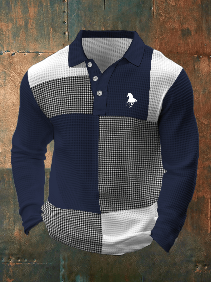 Men's Business Casual Waffle Fabric Long Sleeve Polo Shirt
