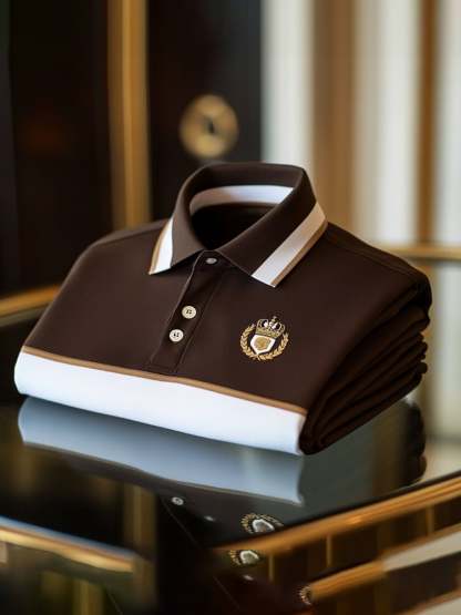 Men's Classic Business Check Logo Button Short Sleeve Polo Shirt