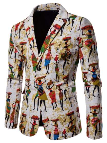 Men's Western Style Printed Patchwork Design Long Sleeve Blazer