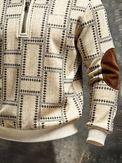 Men's Retro Color Block Print Color-Blocked Zip-Up Sweatshirt