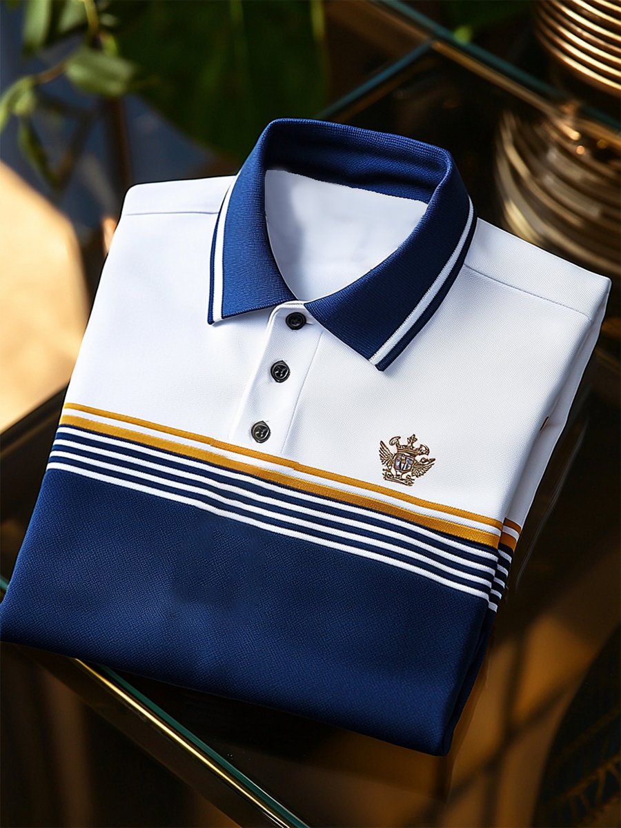 Men's Casual Business Stripe Print Button-Down Short Sleeve Polo Shirt