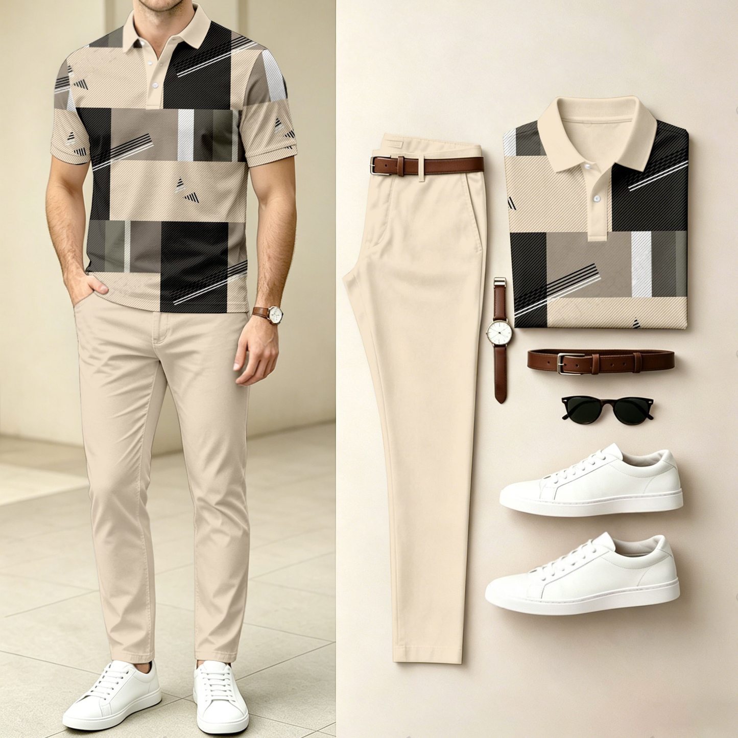Men's Casual Color-Blocked Printed Short-Sleeve Polo Shirt And Pants Set (Excludes Accessories Such As Watches And Belts)