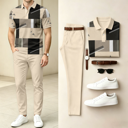 Men's Casual Color-Blocked Printed Short-Sleeve Polo Shirt And Pants Set (Excludes Accessories Such As Watches And Belts)