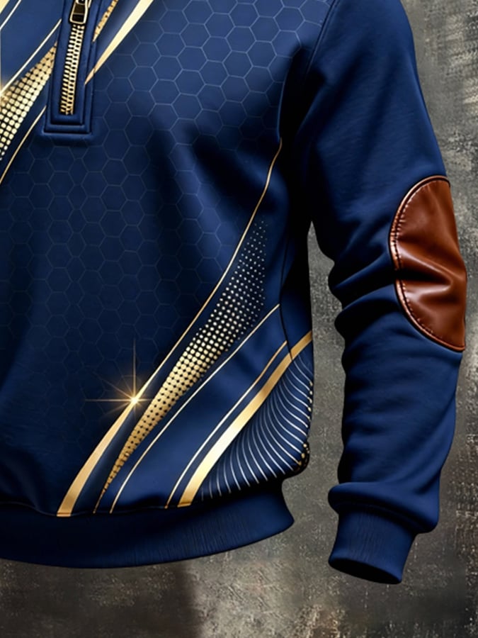 Men's Retro Color Block Print Color-Blocked Zip-Up Sweatshirt